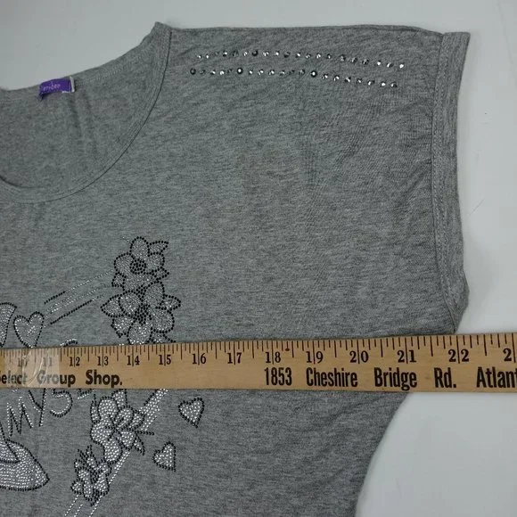 Women's "I Love Myself" Bling Rhinestone Short Sleeve Grey Dienider T-shirt - Picture 4 of 5